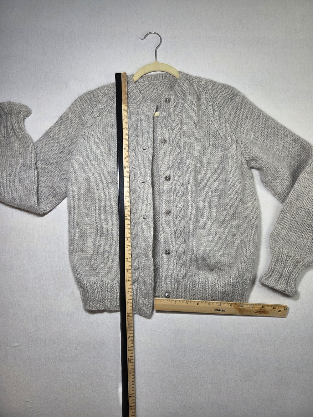 Handmade light grey cable-knit cardigan. Size S, wool blend. Cozy vintage style